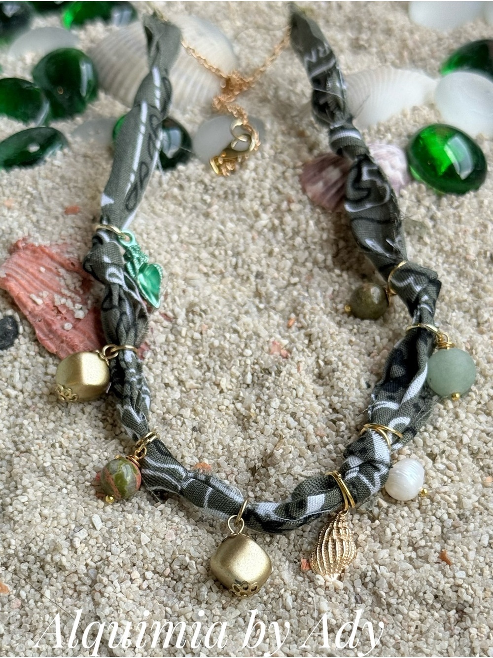Baroque pearl Green and Gold bandanna shell Charm Necklace